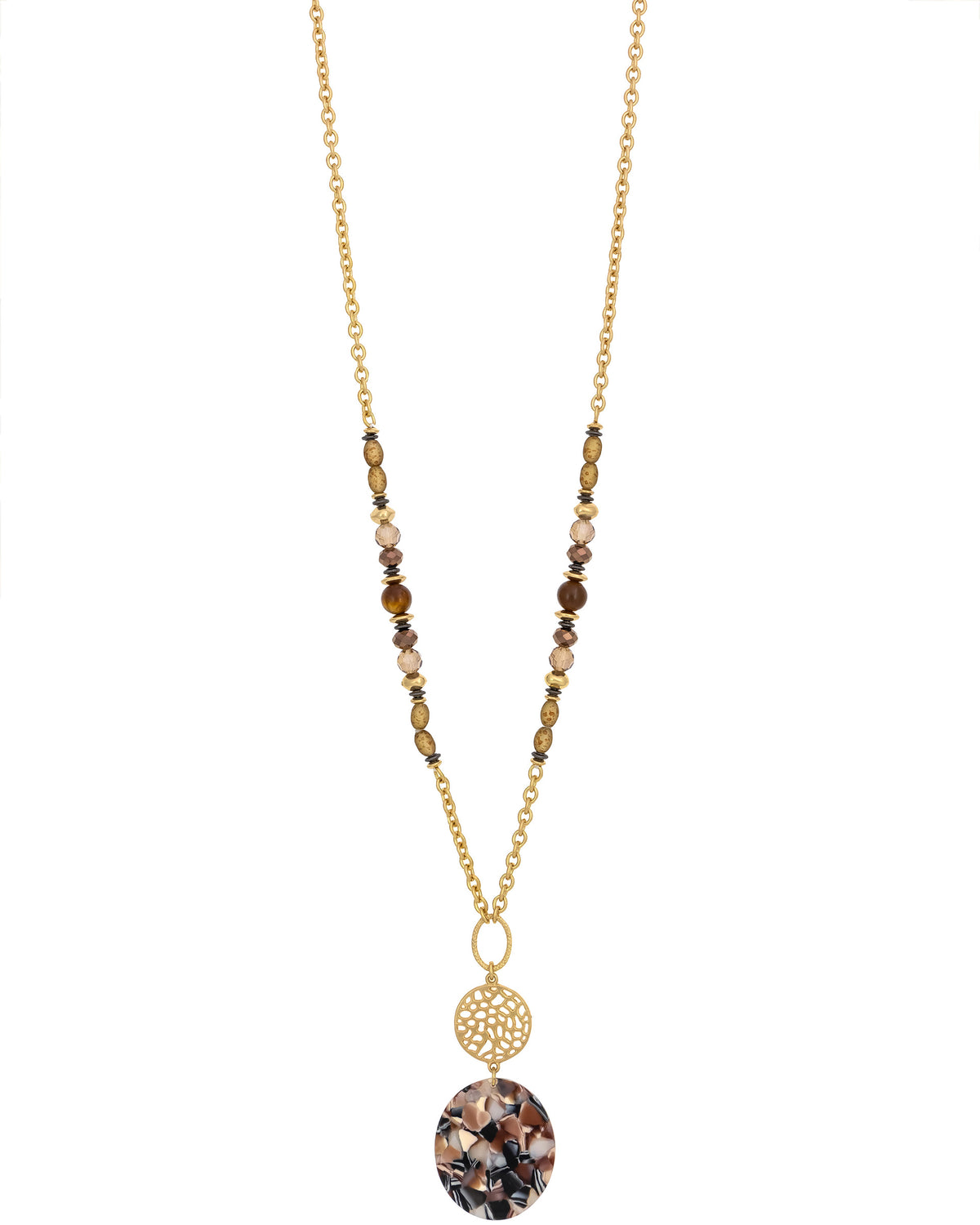 Gold-Tone Beaded Necklace with Filigree Pendant displayed on white background – Dauplaise Jewelry