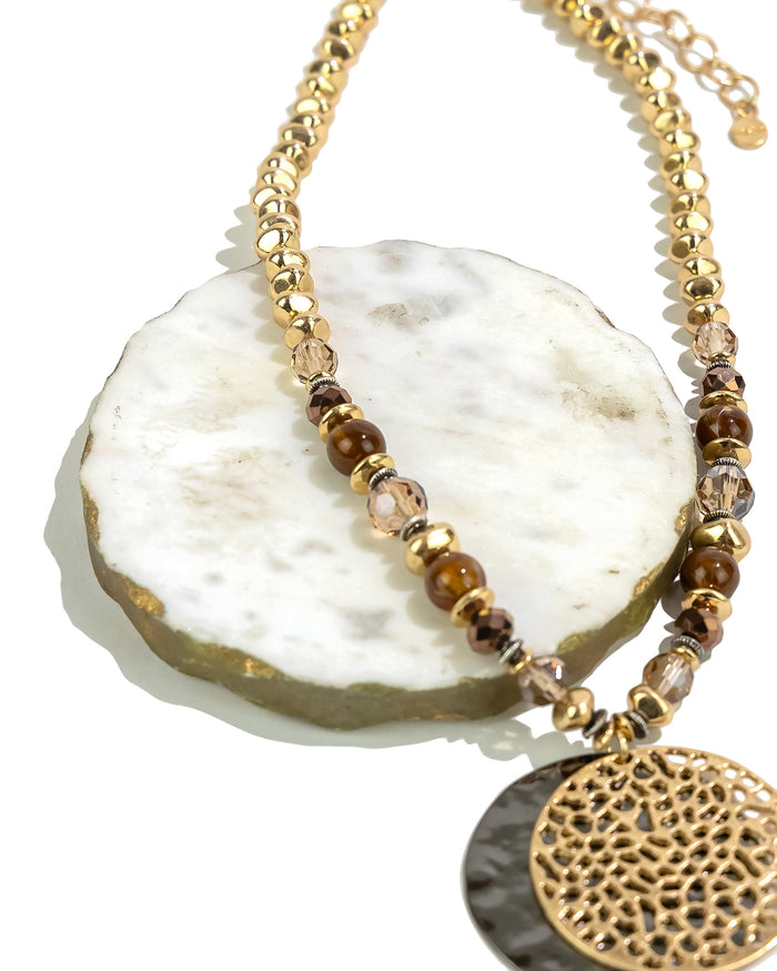 Golden Earth Statement Necklace with Circular Pendant