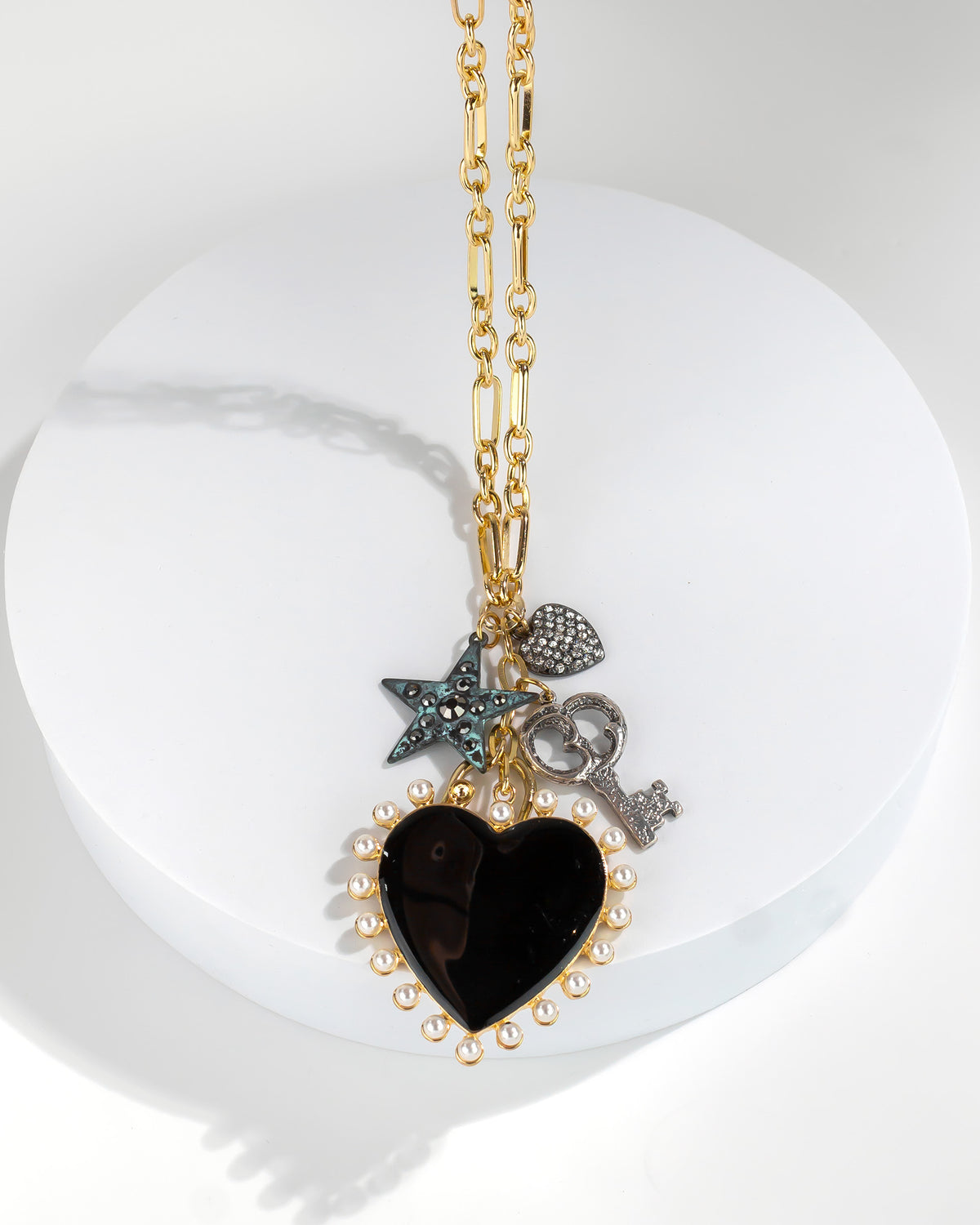 Upcycled Heart + Key Charmed Necklace displayed on white background – Dauplaise Jewelry