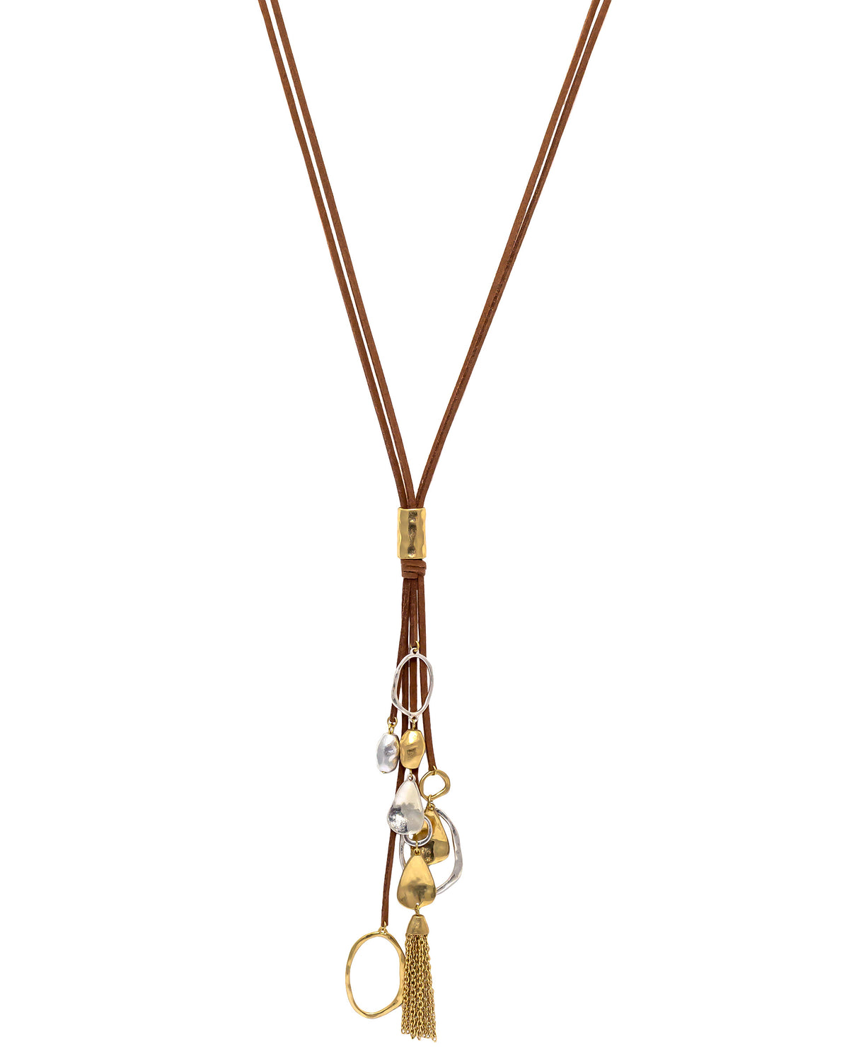Two-Tone Tassel Long Necklace displayed on white background – Dauplaise Jewelry