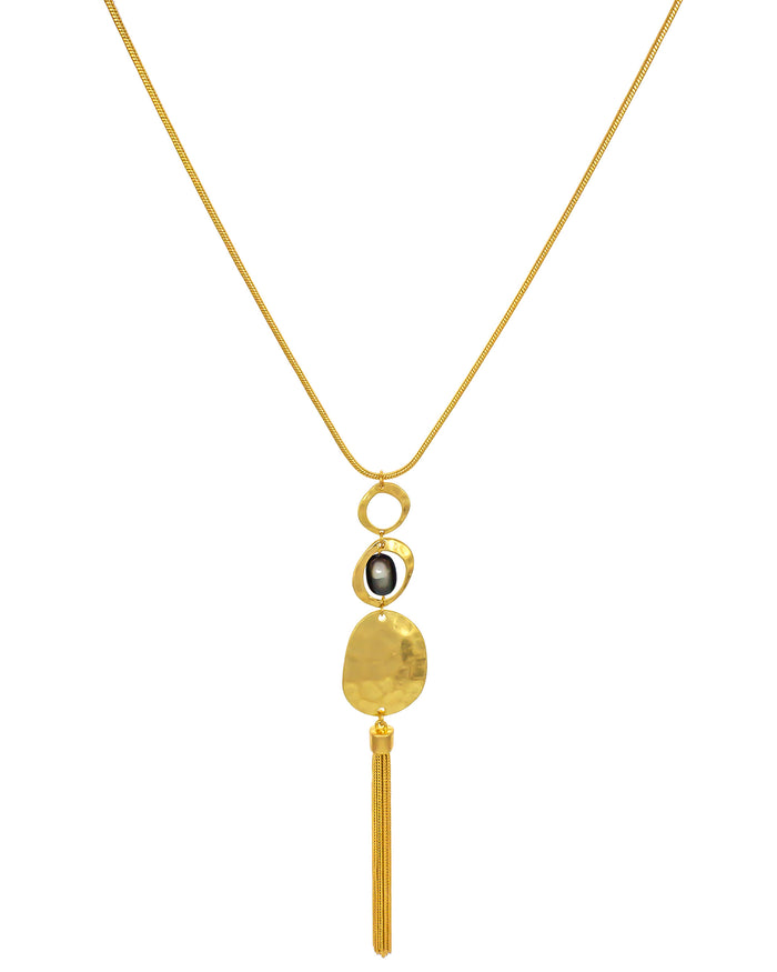 Blue Shell Long Necklace displayed on white background – Dauplaise Jewelry