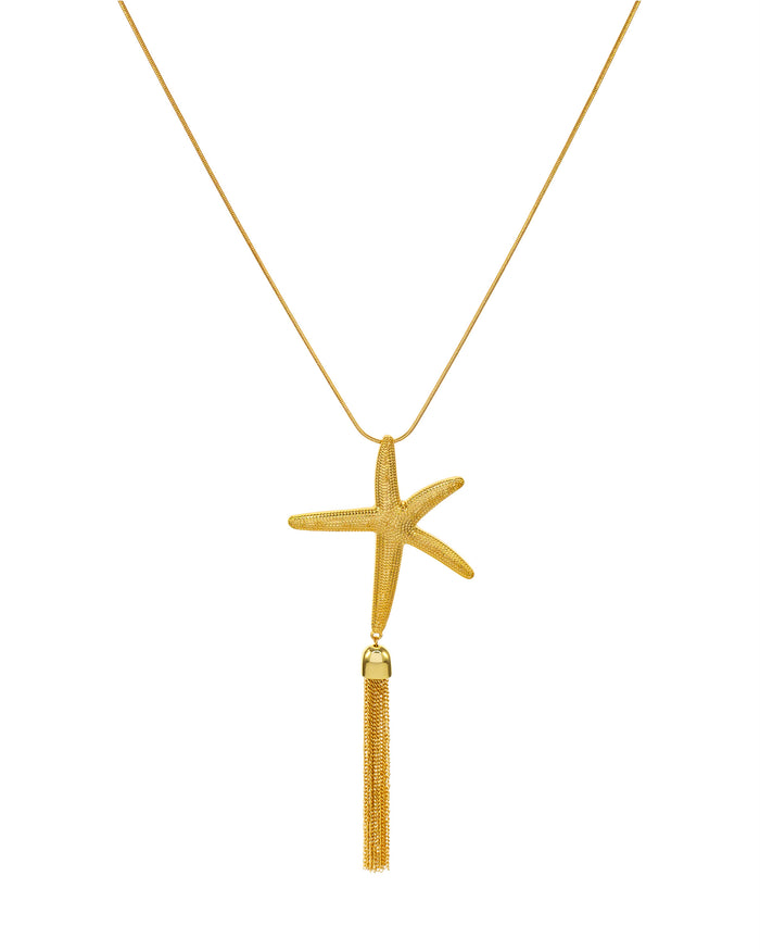 Long Star Fish Tassel Necklace displayed on white background – Dauplaise Jewelry
