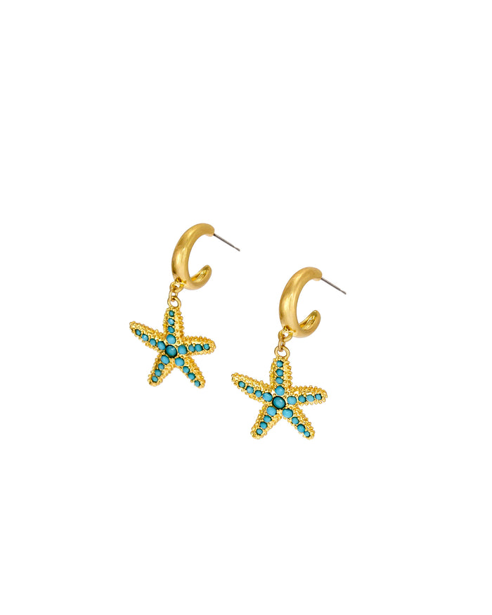 Turquoise Star Fish Hoop Earrings displayed on white background – Dauplaise Jewelry