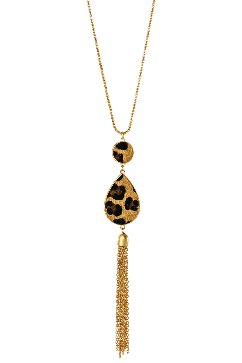 Dauplaise Jewelry - Animal Printed Disc Tassel Drop Necklace