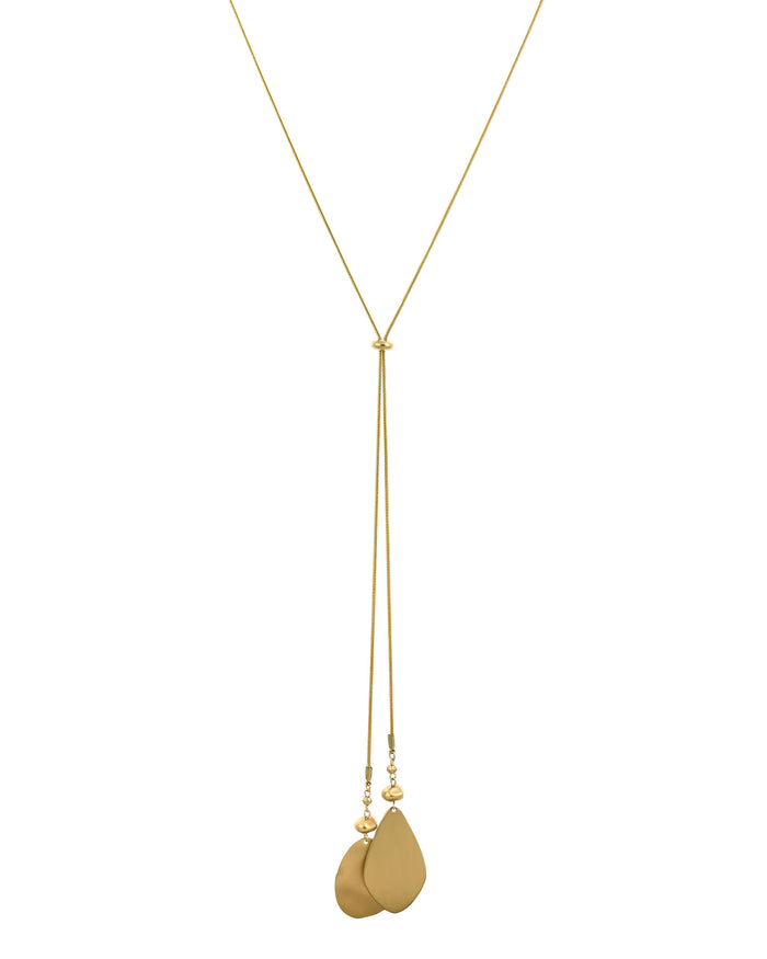 Worn-gold adjustable lariat necklace with two organic teardrop pendants on a white background.
