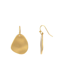 Worn-gold organic teardrop French-wire earrings shown from the front and side on a white background.
