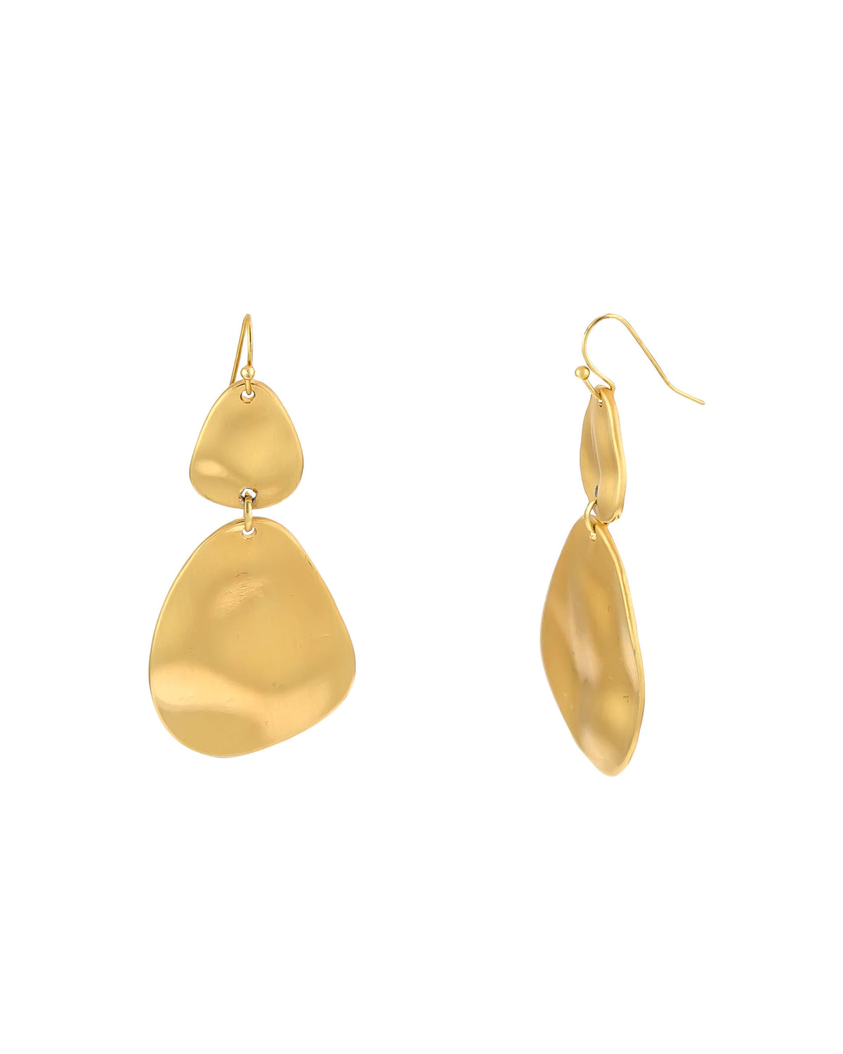 Worn-gold double organic teardrop earrings with French-wire hooks on a white background.