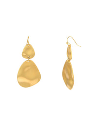 Worn-gold double organic teardrop earrings with French-wire hooks on a white background.