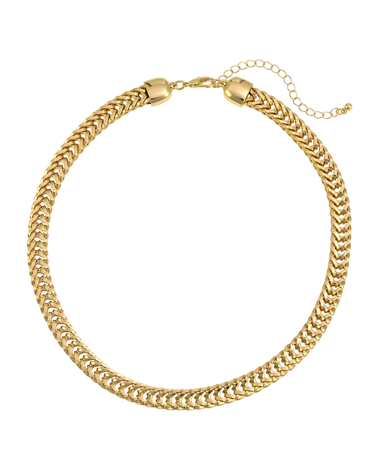 Worn-gold textured curb chain necklace with a lobster clasp and extender on a white background.