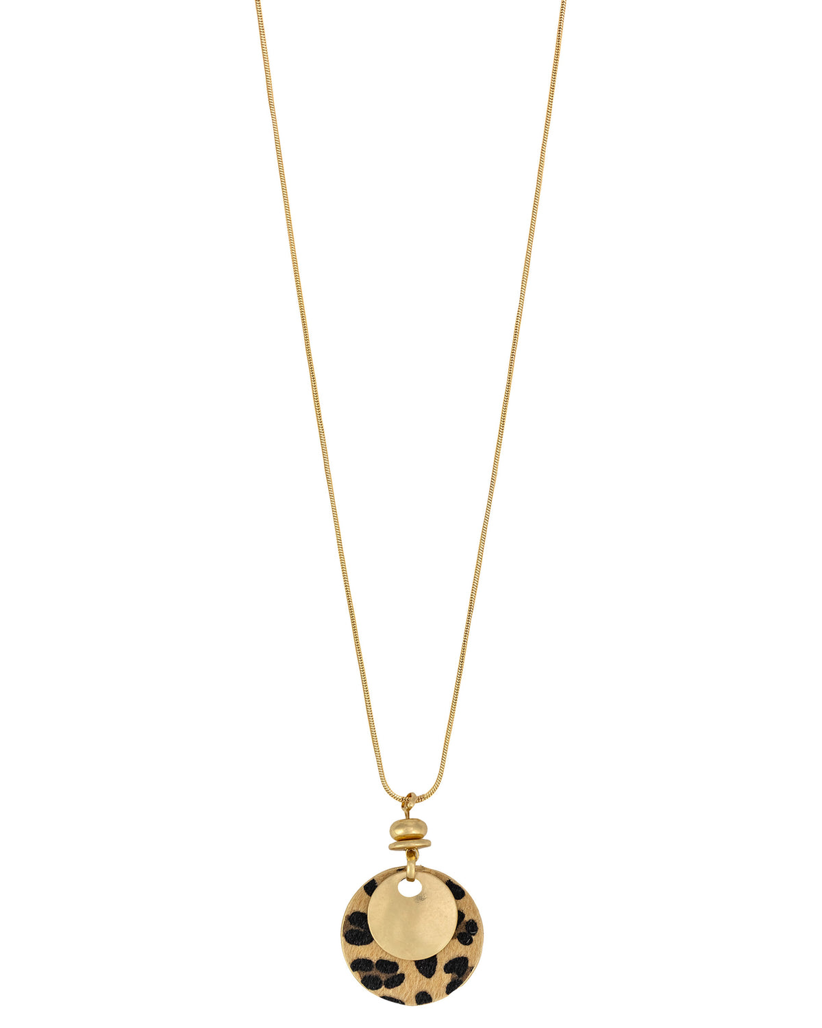 Long worn-gold necklace with layered gold-tone and leopard-print faux calf-hair fabric disc pendant on a white background.