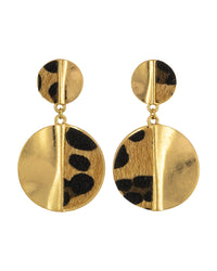 Worn-gold double disc post earrings with black-and-tan animal-print insets on a white background.