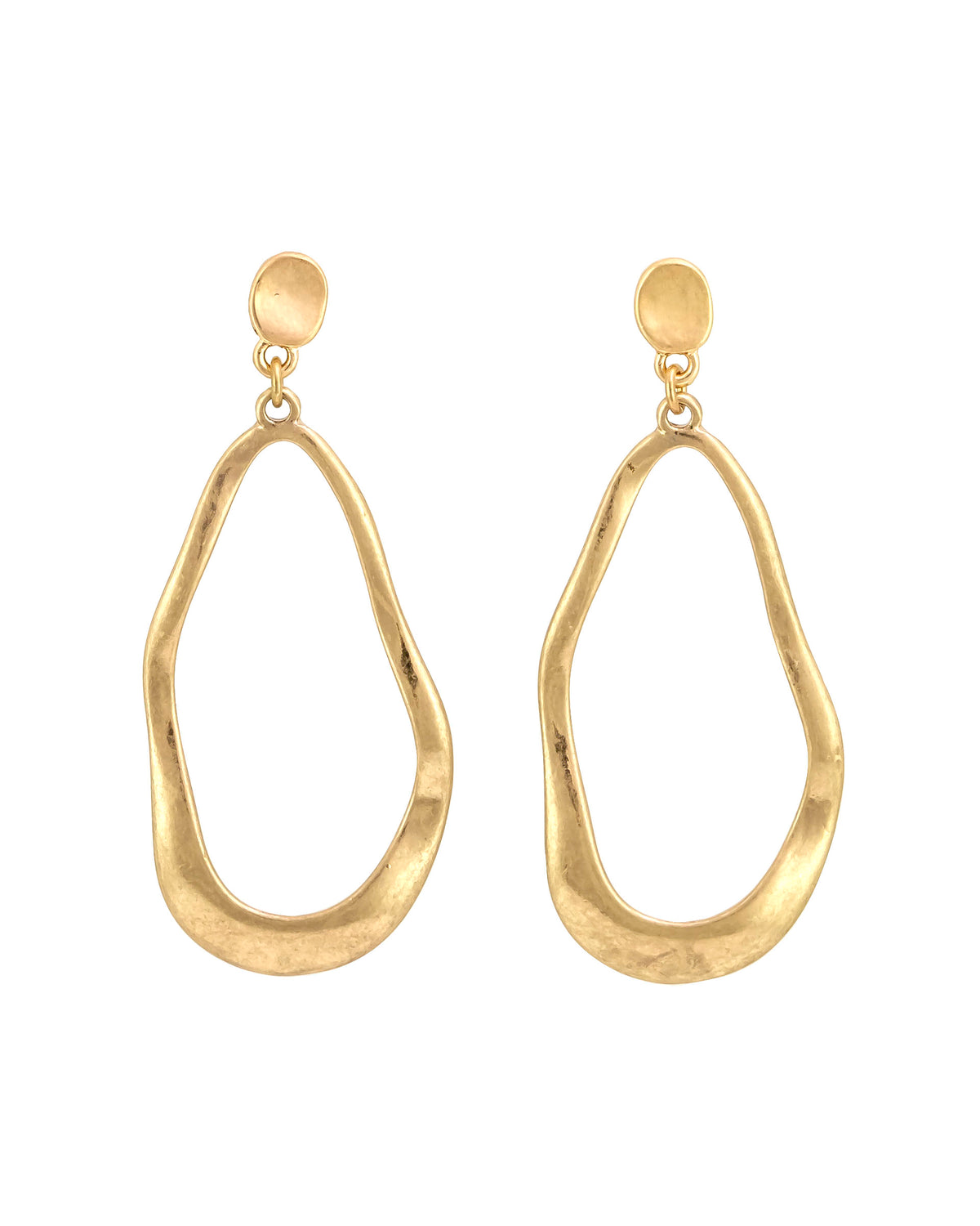 Worn-gold wavy open oval post earrings with an asymmetrical textured frame on a white background.