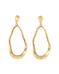 Worn-gold wavy open oval post earrings with an asymmetrical textured frame on a white background.