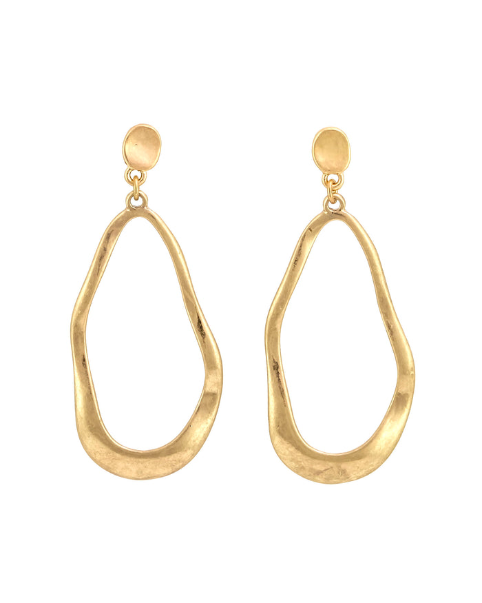 Worn-gold wavy open oval post earrings with an asymmetrical textured frame on a white background.