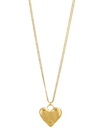 Long worn-gold double station-chain necklace with a large organic heart pendant on a white background.