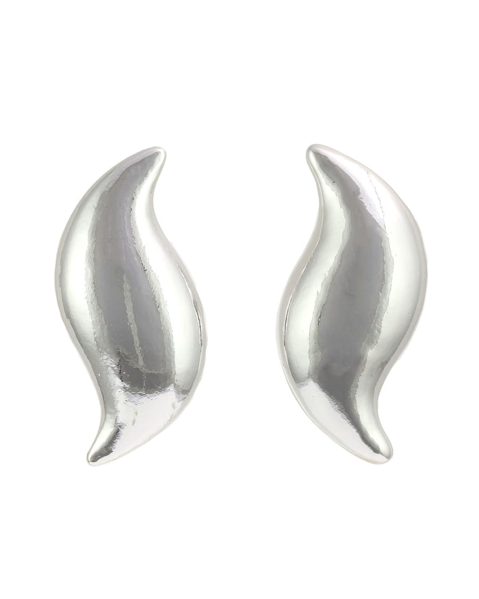 Silver curved earrings on a white background