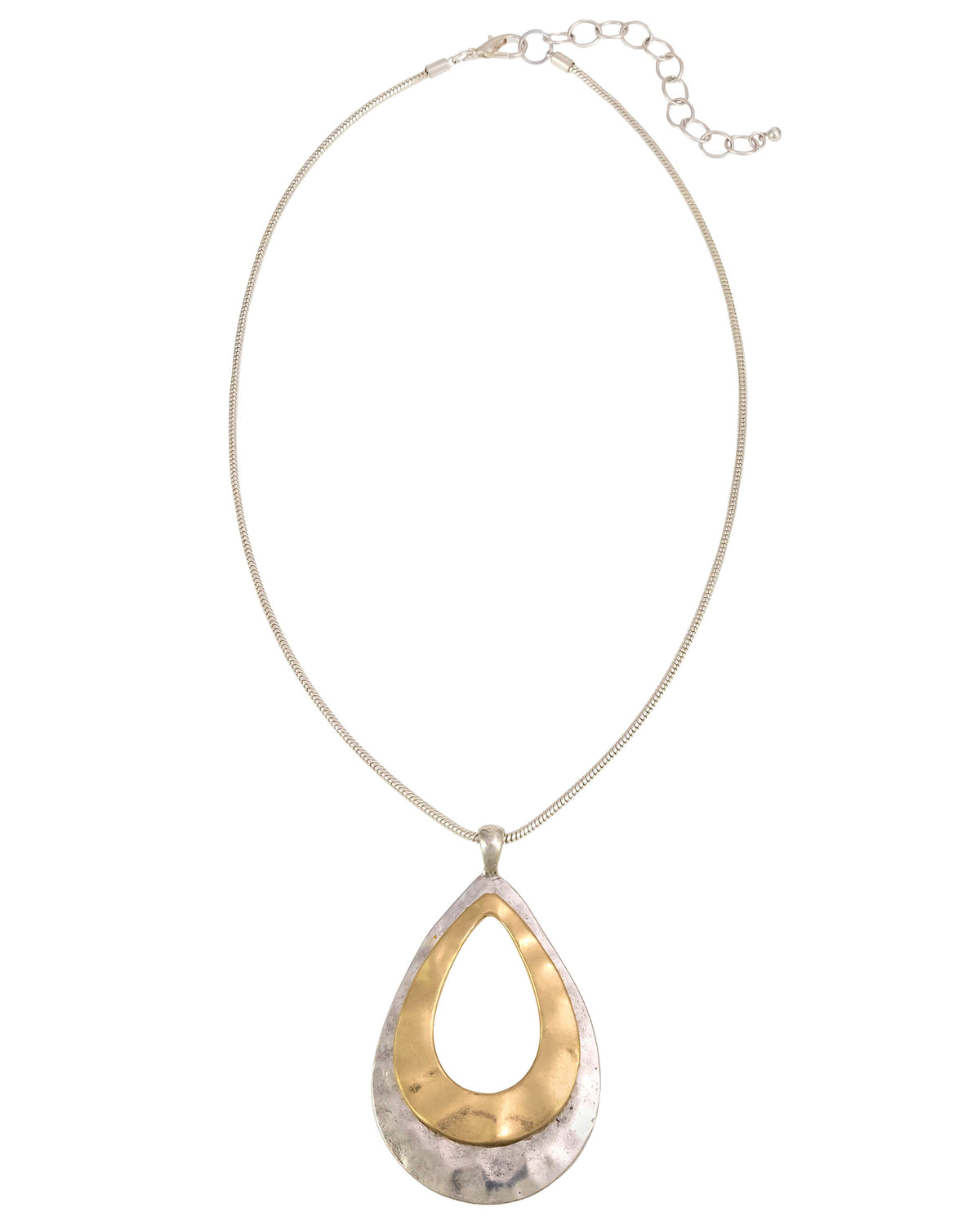 Two-tone gold and worn-silver open teardrop pendant necklace on a white background.