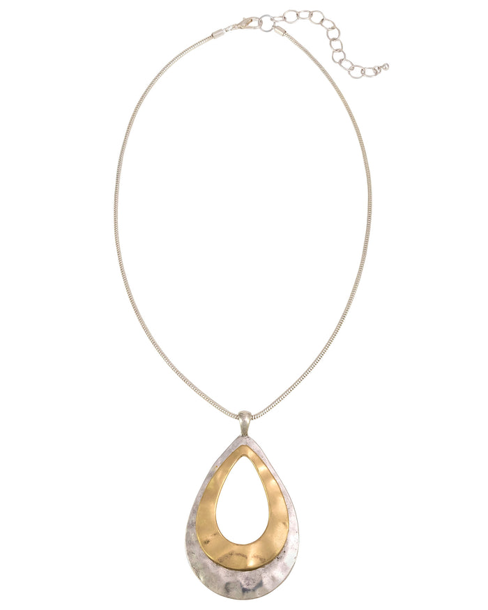 Two-tone gold and worn-silver open teardrop pendant necklace on a white background.