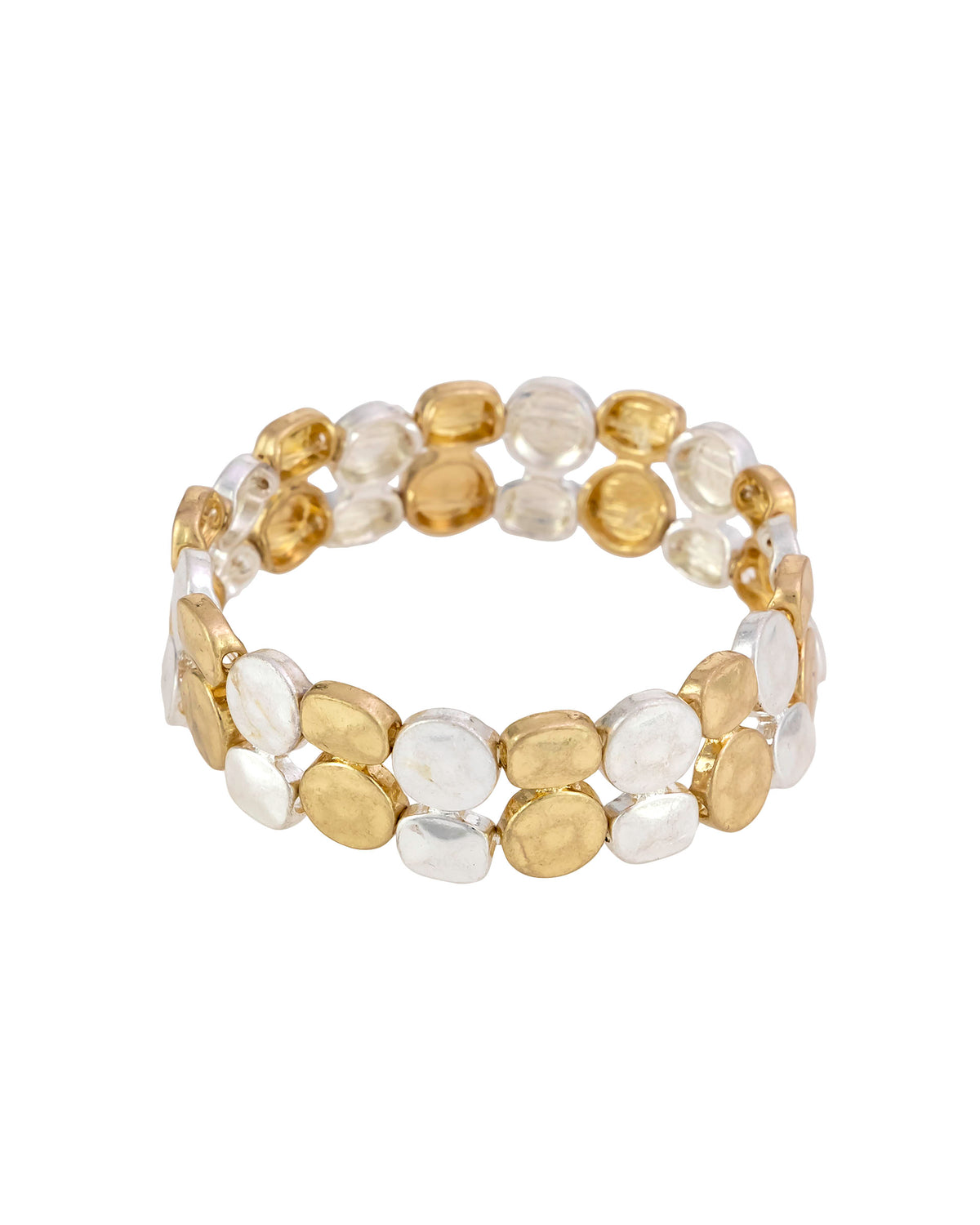 Two-row stretch bracelet with irregular hammered worn-gold- and worn-silver-tone discs on a white background.