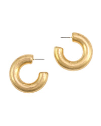 Pair of worn-gold chunky C-hoop post earrings with a softly textured surface on a white background.