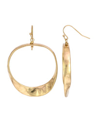 Worn-gold organic open ring French-wire earrings with a broad textured crescent base shown from front and side on a white background.