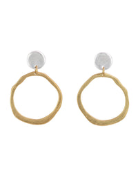 Two-tone post-back drop earrings with a silver-tone disc and hammered open gold-tone ring on a white background.