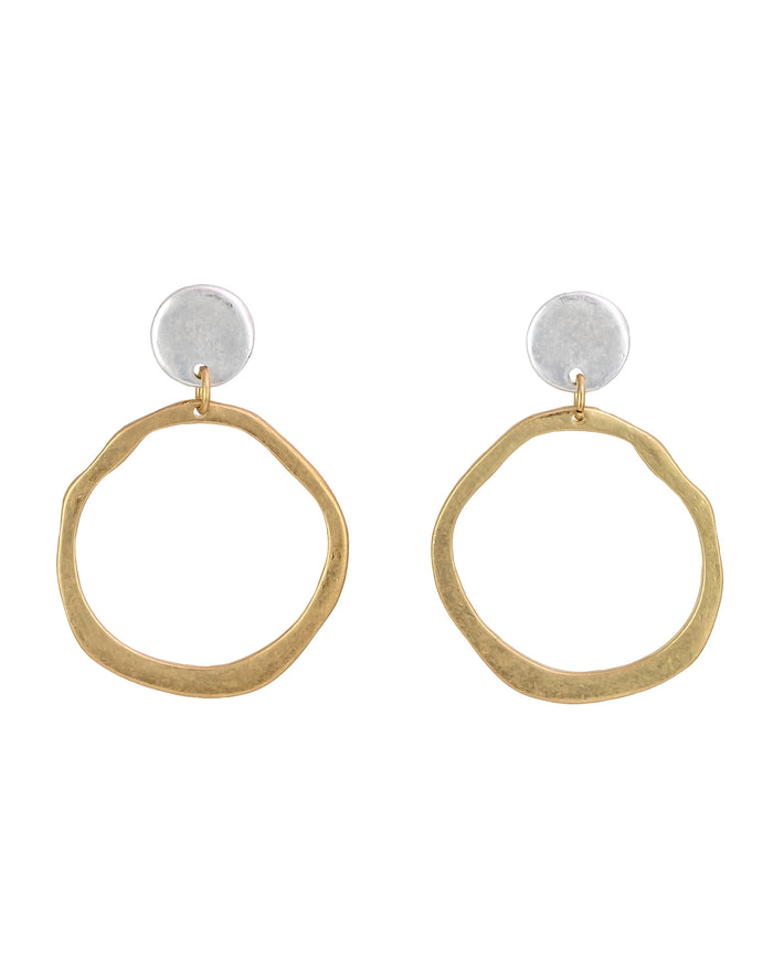 Two-tone post-back drop earrings with a silver-tone disc and hammered open gold-tone ring on a white background.