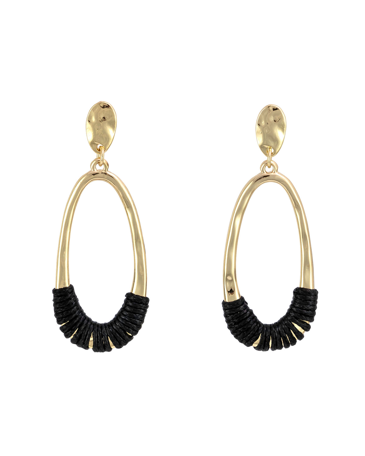 Gold-tone elongated oval post drop earrings with black wrapped lower accents on a white background.