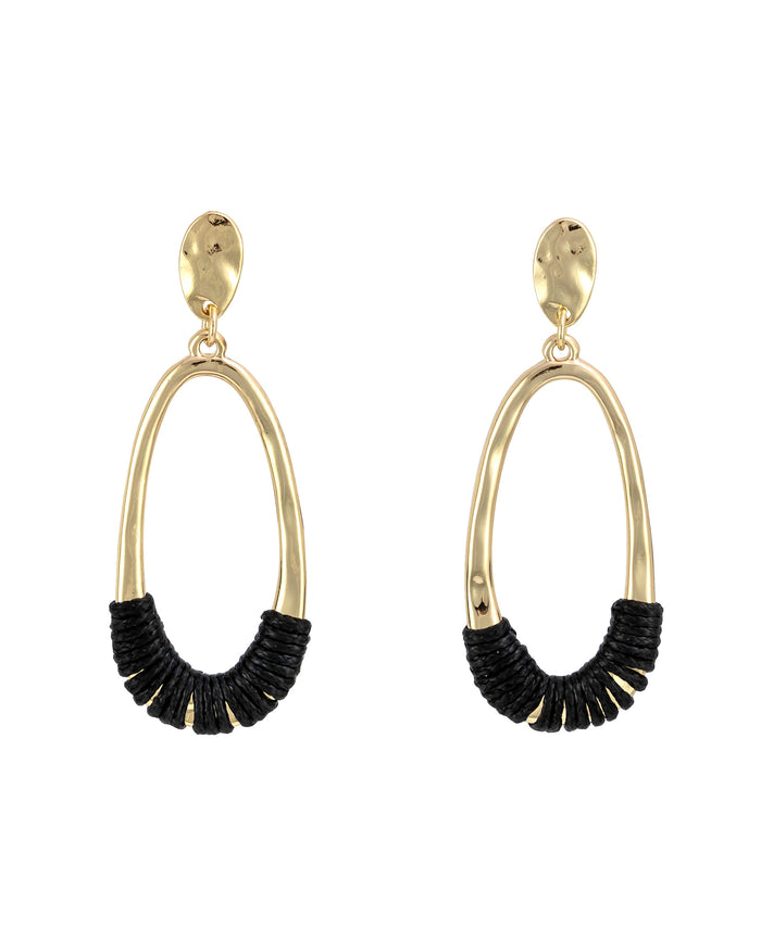 Gold-tone elongated oval post drop earrings with black wrapped lower accents on a white background.