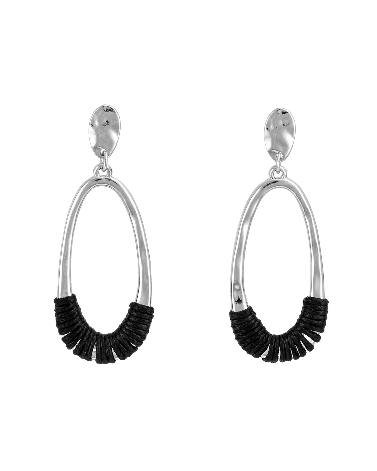 Worn-silver elongated oval post drop earrings with black wrapped lower accents on a white background.