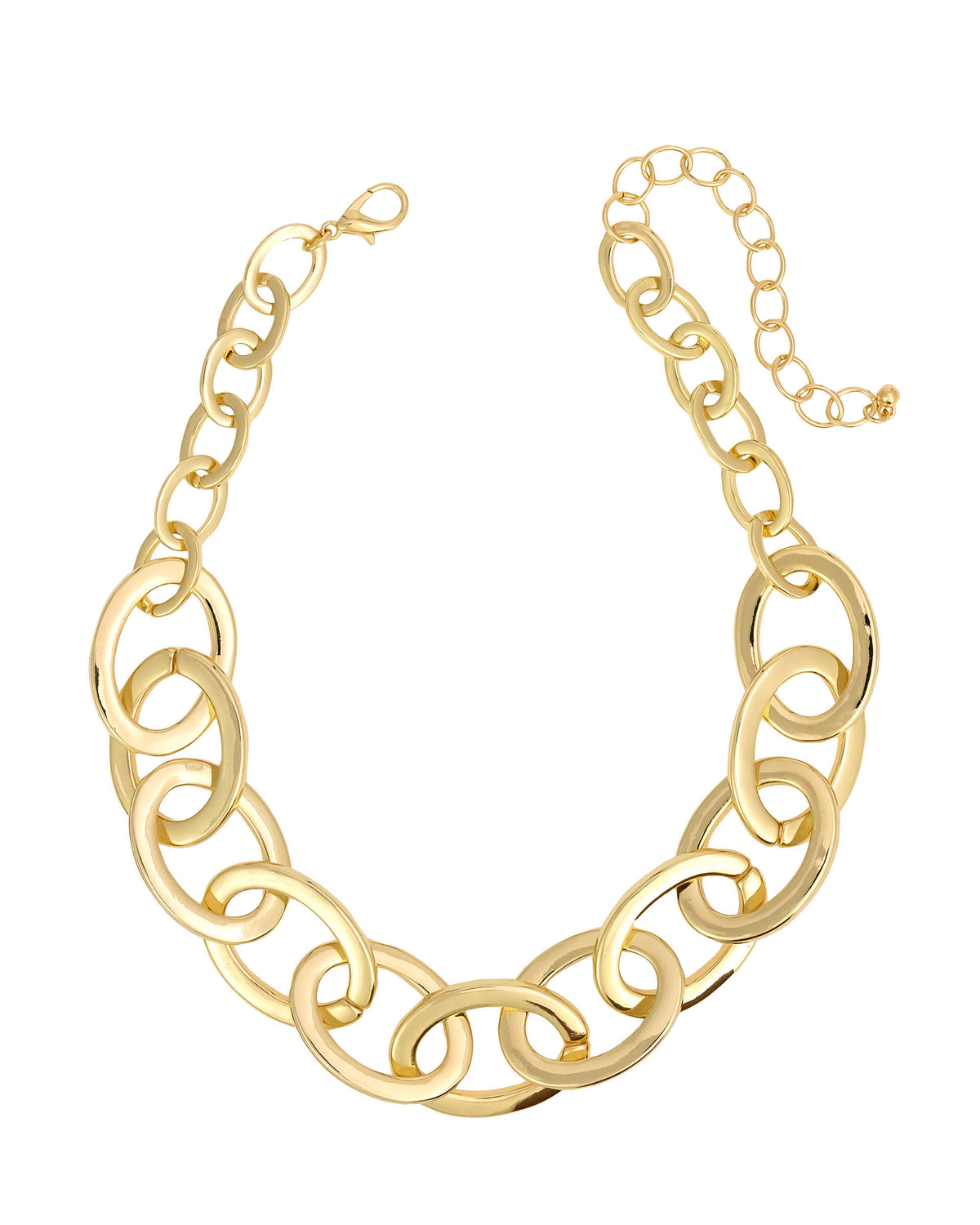 Gold-tone bold open-link statement necklace with a lobster clasp and extender on a white background.
