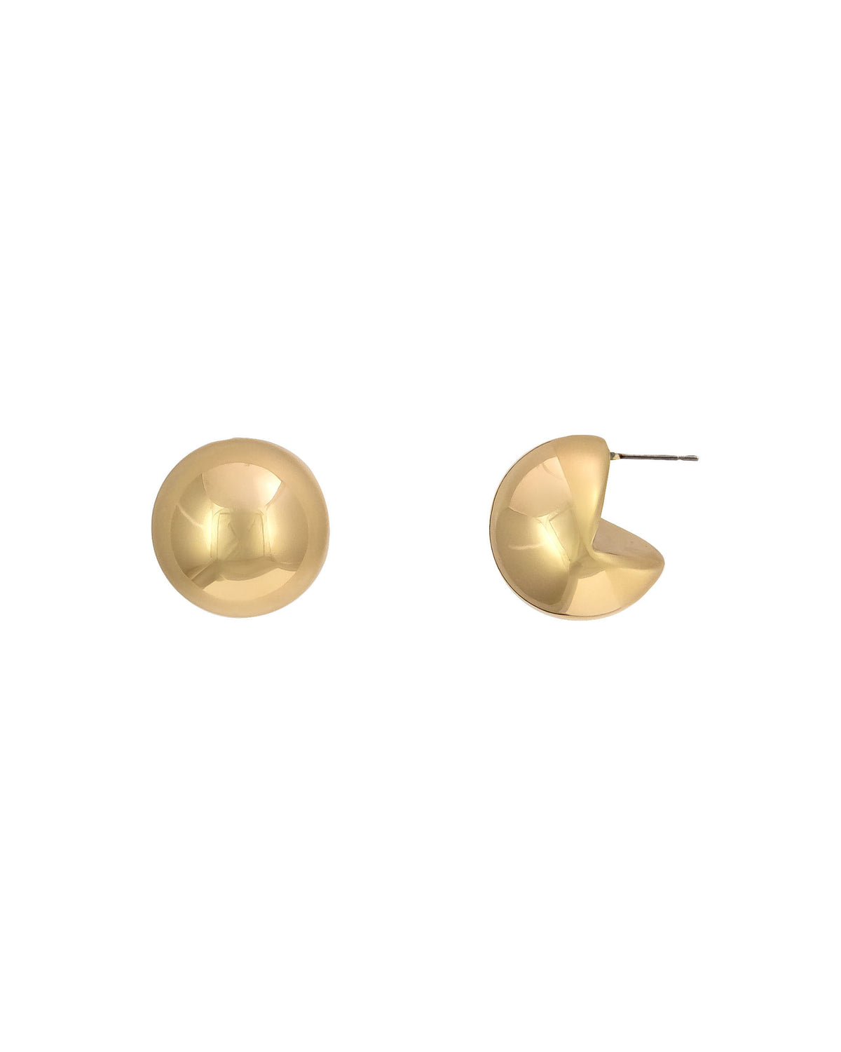 Polished gold-tone sculptural round button stud earrings with post backs on a white background.