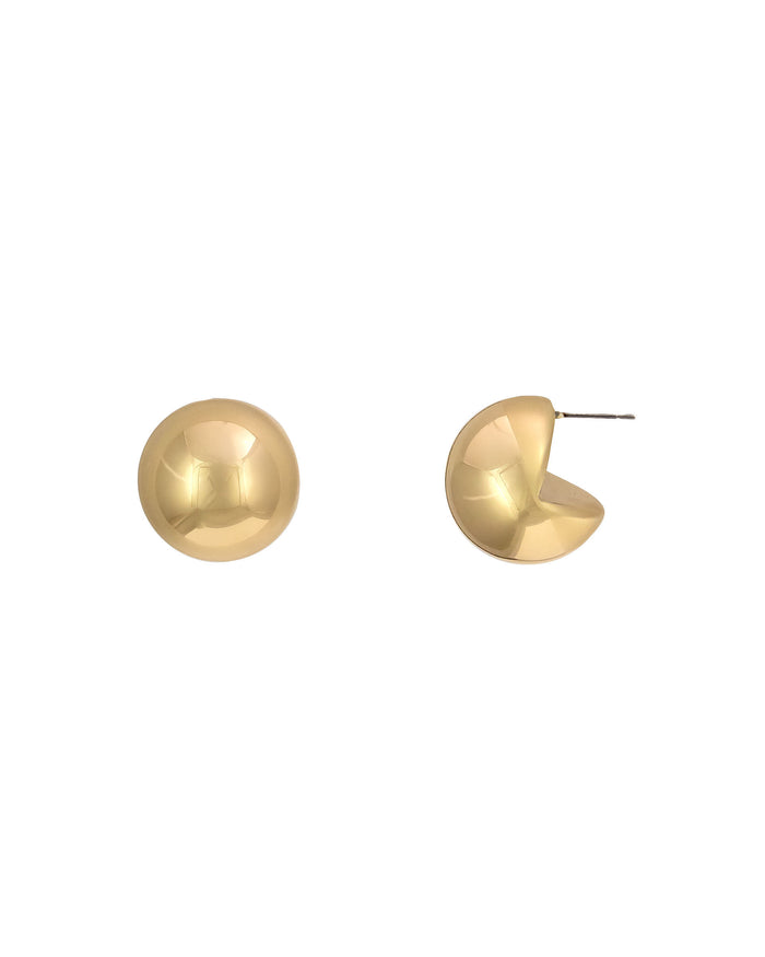 Polished gold-tone sculptural round button stud earrings with post backs on a white background.