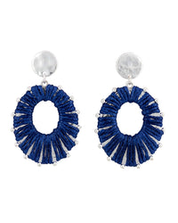 Worn-silver oval post drop earrings with deep-blue wrapped accents and an open center on a white background.