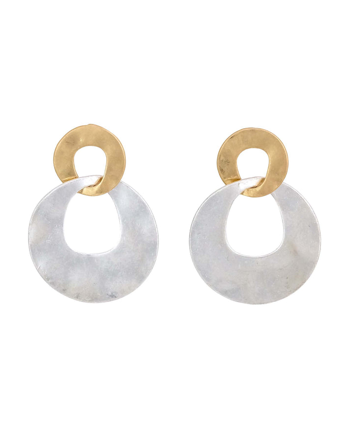 Two-tone linked open disc post earrings with gold- and silver-tone rings on a white background.