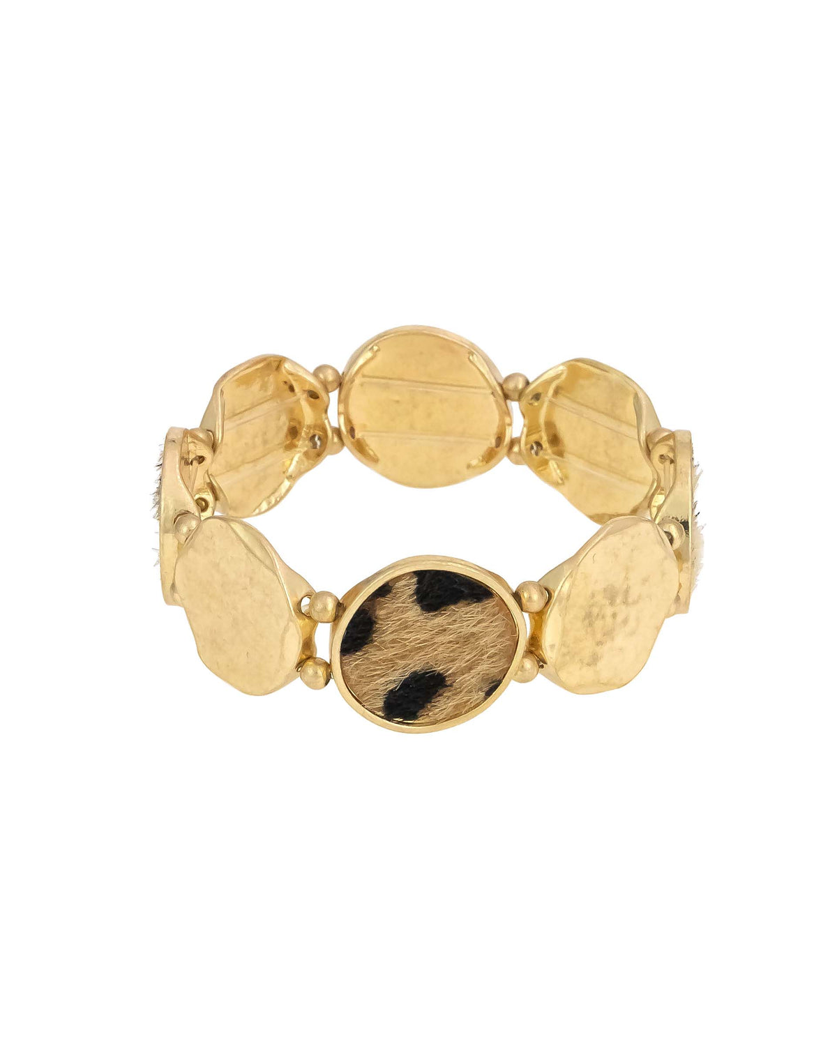 Worn-gold stretch bracelet with irregular hammered discs and leopard-print faux calf-hair fabric accents on a white background.