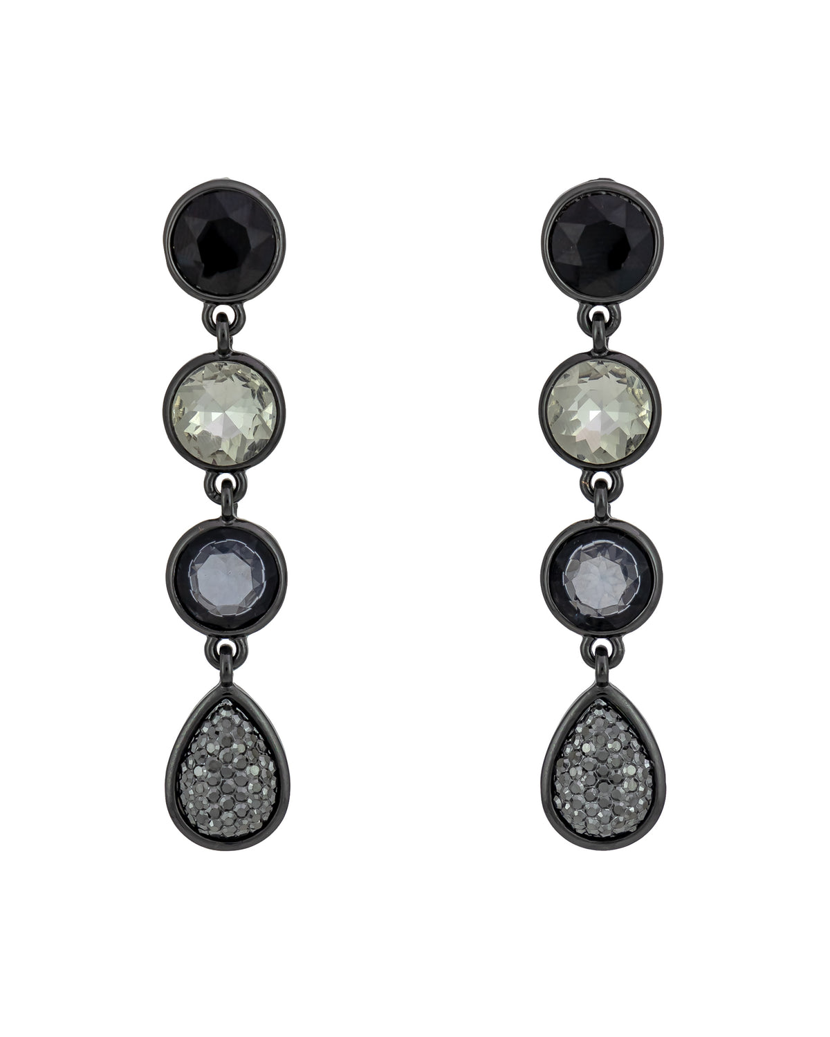 Pair of earrings with black and clear gemstones on a white background