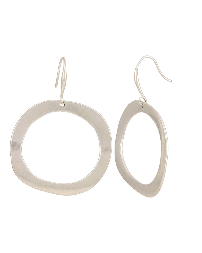 Worn-silver open ring French-wire drop earrings shown from the front and side on a white background.