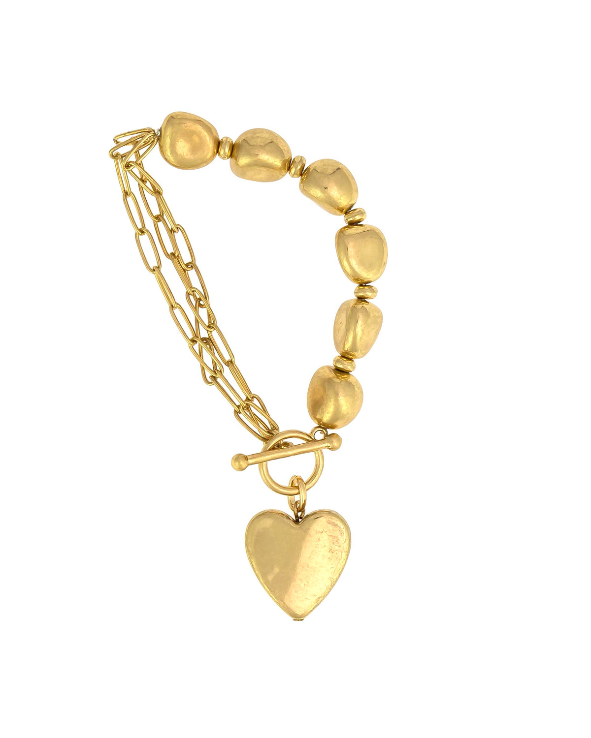 Worn-gold bracelet with organic beads, layered open-link chains, a toggle closure, and a heart charm on a white background.