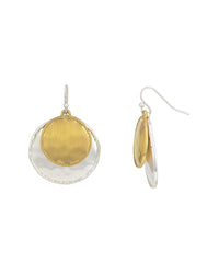 Two-tone layered double disc French-wire earrings in gold- and silver-tone finishes on a white background.