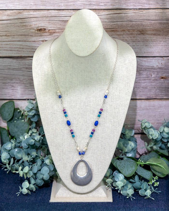 Long Beaded Necklace with Silver-Tone Pendant