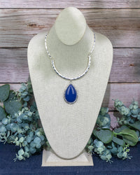 Textured Silver-Tone Necklace with Blue Stone Pendant
