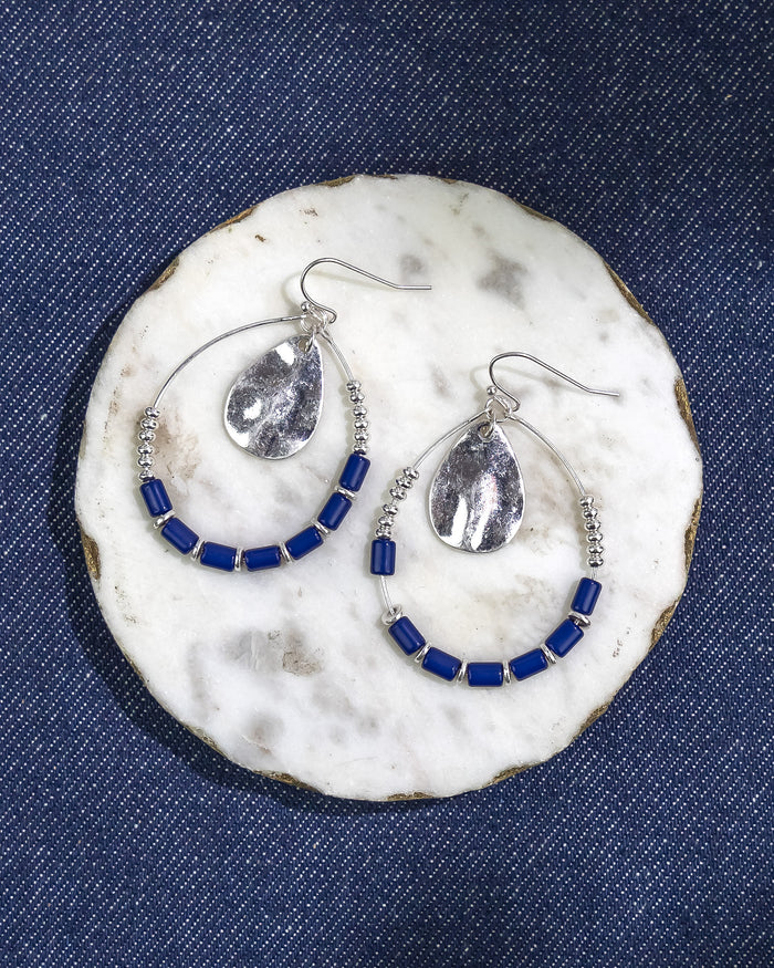 Silver Hoop Earrings with Blue Beads and Disc Charm