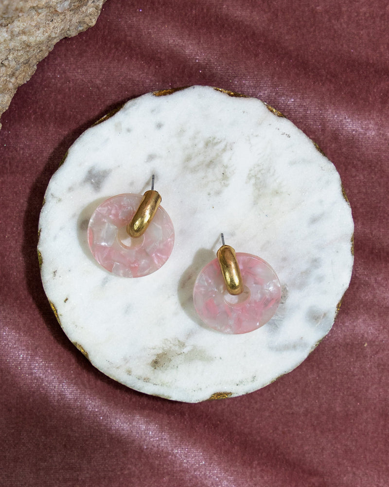 Daupaise Jewelry - Pink Marbled Resin Stud Earrings with Gold Accents