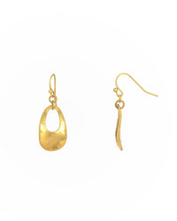 Worn-gold small open teardrop French-wire earrings shown from the front and side on a white background.