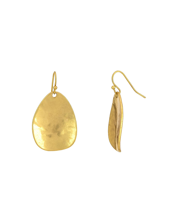 Worn-gold hammered organic teardrop French-wire earrings shown from the front and side on a white background.