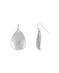 Worn-silver hammered organic teardrop French-wire earrings shown from the front and side on a white background.