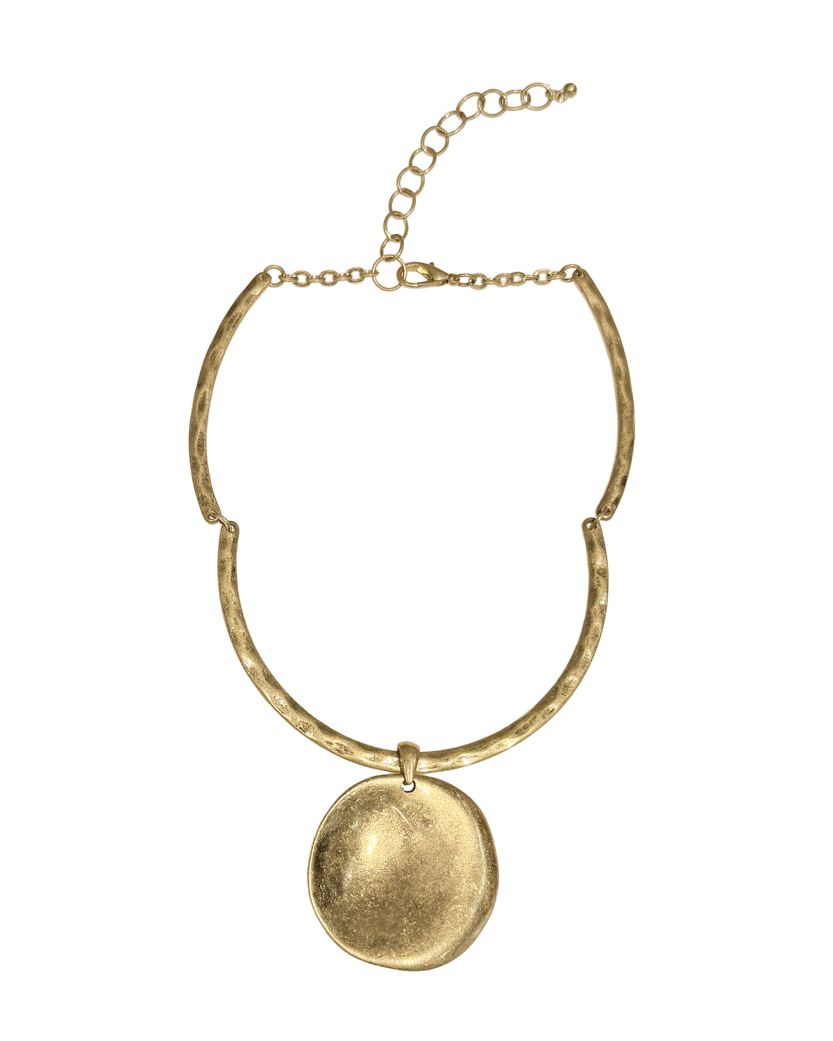 Gold necklace with a round pendant on a white background