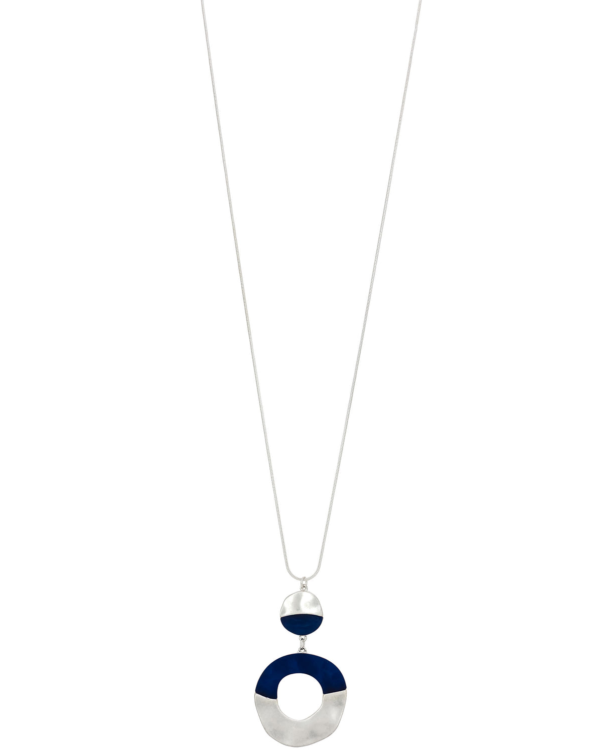 Long blue and worn-silver double-disc pendant necklace with linked round forms on a white background.
