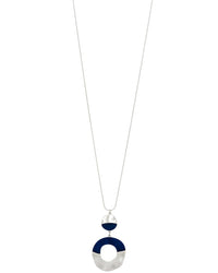 Long blue and worn-silver double-disc pendant necklace with linked round forms on a white background.